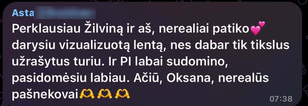 Perklausiau Žilviną ir aš, nerealiai patiko. Darysiu vizualizuotą lentą, nes dabar tik tikslus užrašytus turiu. Ir PI labai sudomino, pasidomėsiu labiau.