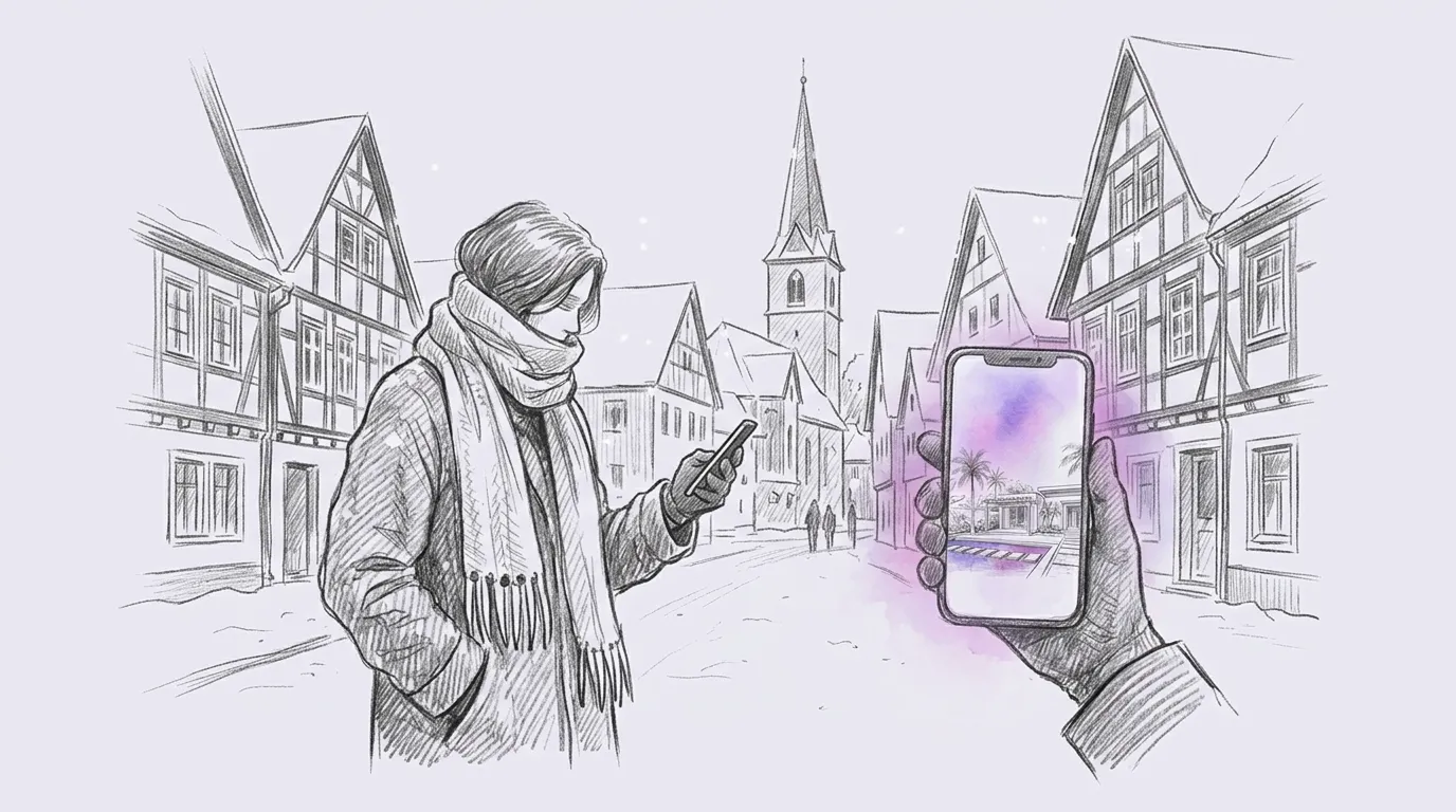 Žmogus šaltame šiaurės mieste laiko telefoną, kurio ekrane tropinės vilos eskizas, charcoal eskizas su violetiniu akcentu