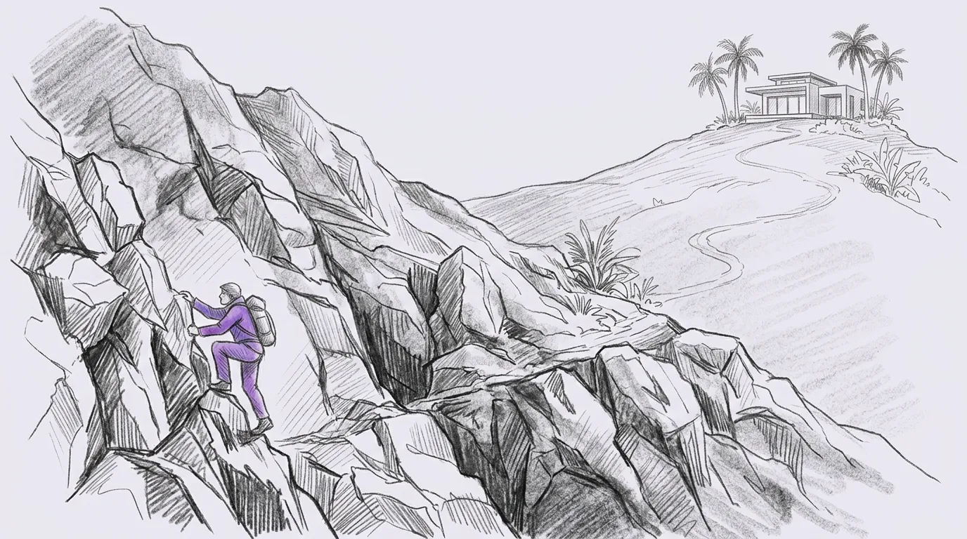 Alpinistas kopia uola, kuri pradžioje stati, o viršūnėje stovi maža vila, charcoal eskizas su violetiniu akcentu