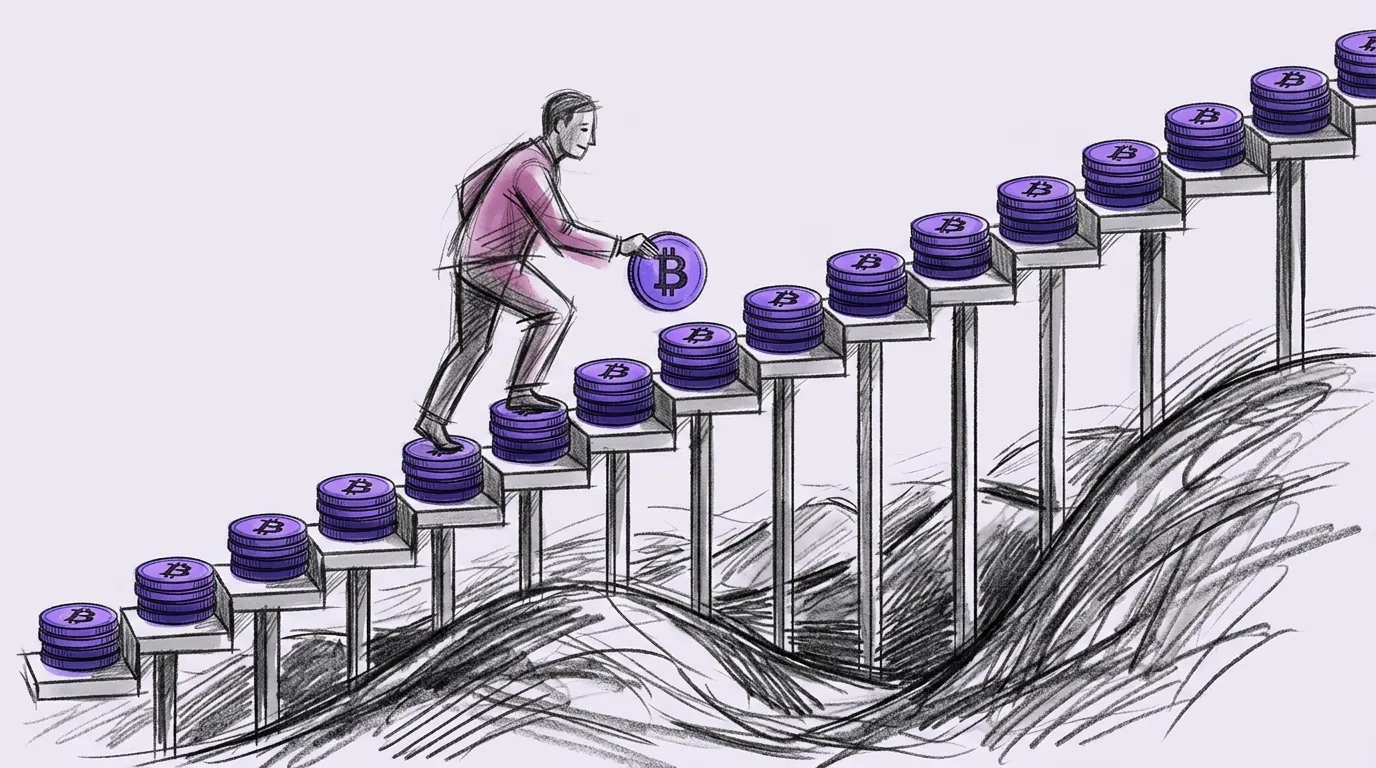 Žmogus lygiu žingsniu lipa laiptais iš vienodų Bitcoin monetų stirtų virš banguojančios, nerimastingos žemės