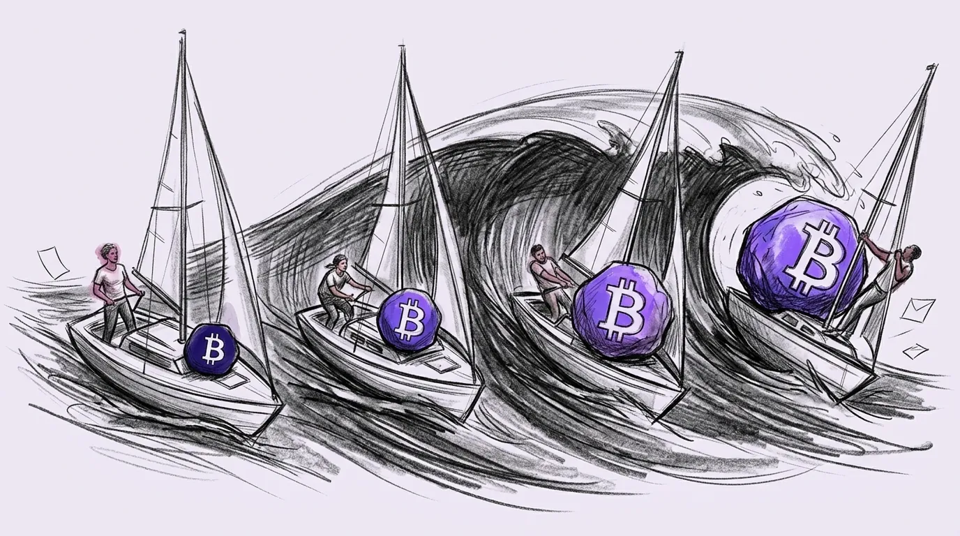 Keturios valtys ant tos pačios bangos veža skirtingo dydžio Bitcoin riedulius, o didžiausias verčia valtį ant šono