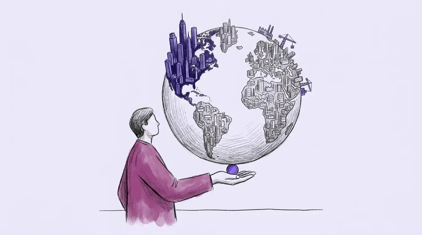 Žmogus ant delno laiko vieną violetinę monetą, ant kurios stovi visas Žemės rutulys iš tūkstančių mažų pastatų, o Šiaurės Amerikos dangoraižiai aukščiausi